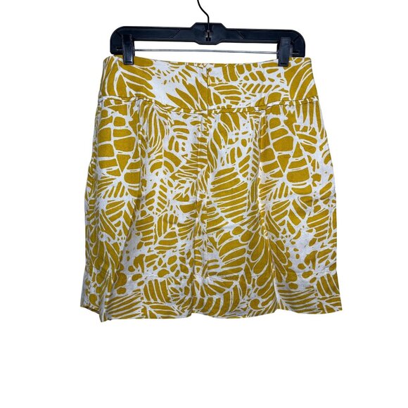 LOFT Linen Blend Mini Skirt Yellow White Leaf Print Size 8 Flare Casual Work - Picture 2 of 8